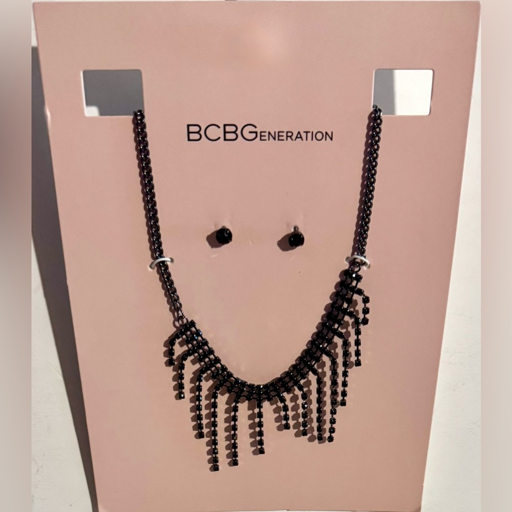 BCBGeneration Black Fringe Necklace w/stud earrings set